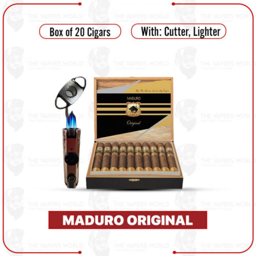 Maduro Original by Lucky Cigar: Box of 20 Cigars with Cutter & Lighte