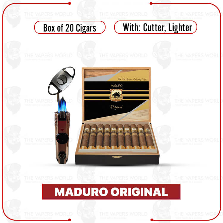 Maduro Original by Lucky Cigar: Box of 20 Cigars with Cutter & Lighte